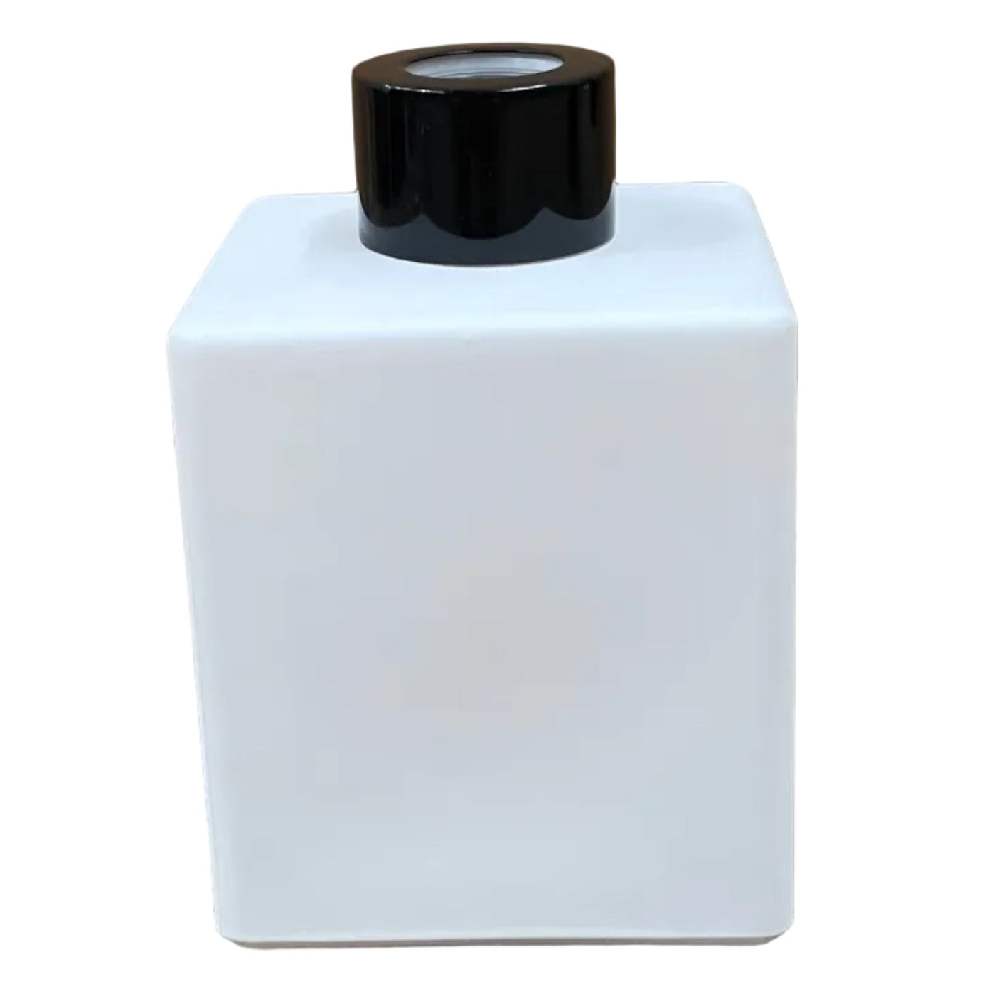 square matte white 200ml diffuser bottle with black lid and plastic plug