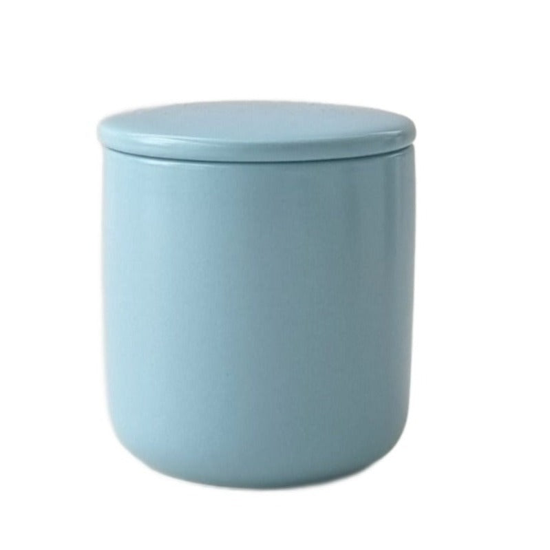 large ceramic jar with matching lid in blue