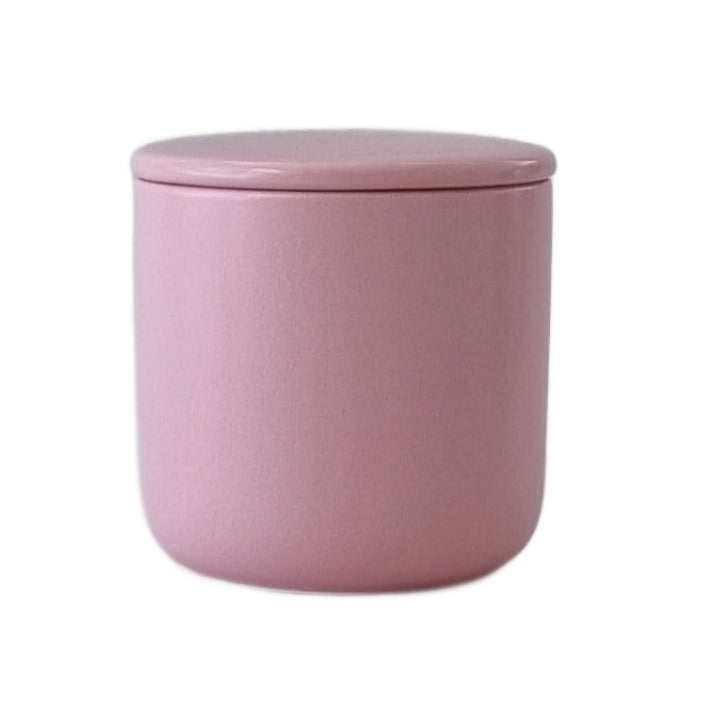 large ceramic jar with matching lid in pink